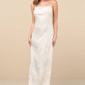 Whimsical Radiance Cream Satin Embroidered Maxi Dress - Medium